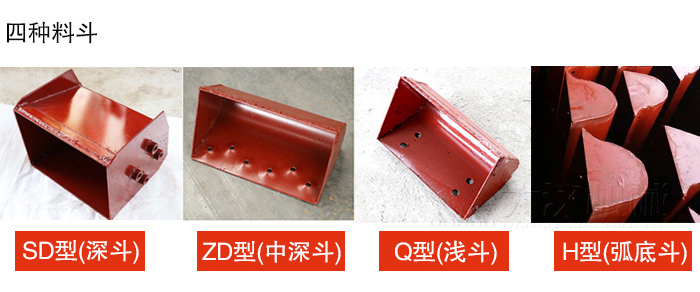四种料斗Q型(浅斗)、H型(弧底斗)、ZD型(中深斗)SD型(深斗)展示图